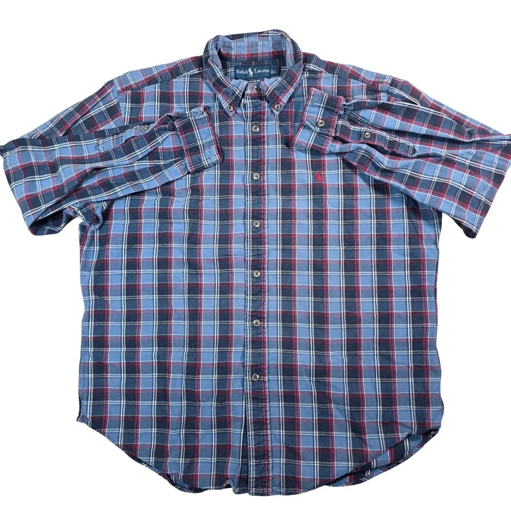 Ralph Lauren Button Down Shirt Mens L‎ Blue Red Plaid Classic Fit Cotton